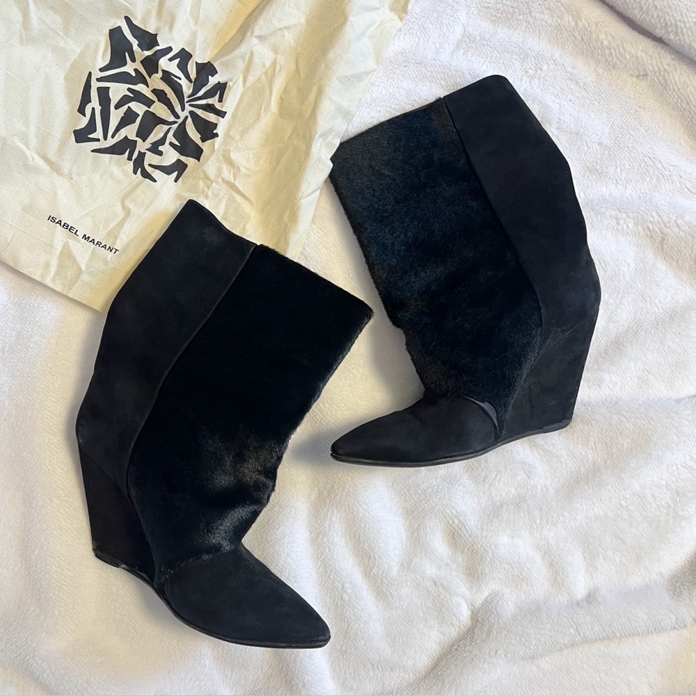 Isabel Marant Black Suede and Pony Hair Wedge Boots
